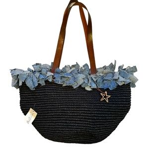 Martinica Woven Tote Bag Large Shoulder Navy Denim Trim Star Ecuador NWT
